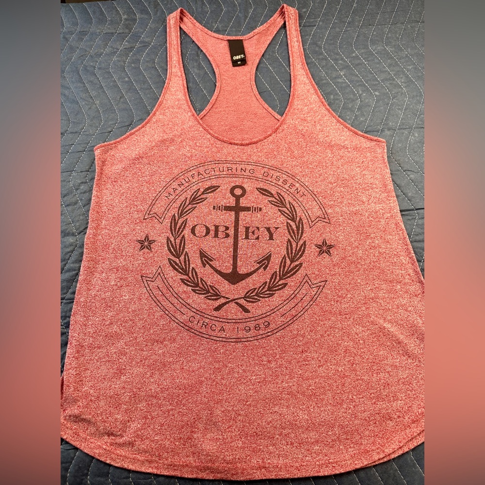 OBEY Tank Top Womens Medium Racer Back Red Heather with Anchor